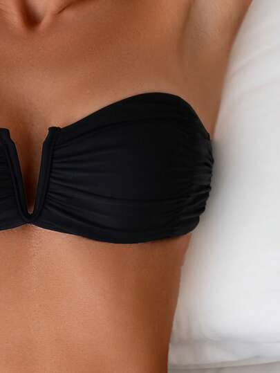 Swim Basics مجموعة بيكيني جذابة للنساء بدون حمالات، بلون صلب وتصميم مطوي للصيف والشاطئ