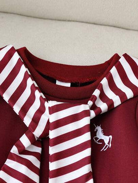 SHEIN Playful Pals 3 قطع طقم ملابس شتوية للأطفال الرضع الصبيان، يتكون من بلوزة رقبة طاقم مطرزة بنمط مبطنة حرارياً وبنطال ذو طوق شال مخطط، مجموعة ملابس كاجوال للأطفال الرضع في فصل الخريف والشتاء