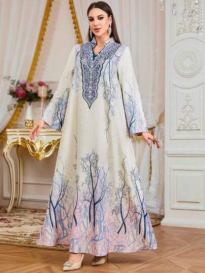 رمضان عباءة نسائية مسلمة، فستان طويل أنيق رومانسي مطرز بالزهور والخرز، مناسب للعطلات والمواعيد والارتداء اليومي، عباية دبي