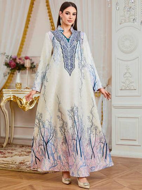 رمضان عباءة نسائية مسلمة، فستان طويل أنيق رومانسي مطرز بالزهور والخرز، مناسب للعطلات والمواعيد والارتداء اليومي، عباية دبي