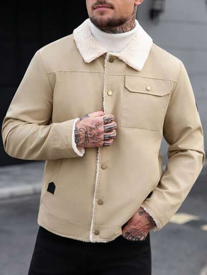 Manfinity CasualCool معطف رجالي كاجوال مبطن حراريًا بياقة فرو أحادي الصدر بأكمام طويلة، قميص شاكيت أزرار كريمي للخريف/الشتاء، قميص أزرار بيج للرجال، ملابس الشارع للرجال، قمصان الرجال "Old Money"، للاستخleisure اليومي، رحلات نهاية الأسبوع، الأنشطة الخارجية
