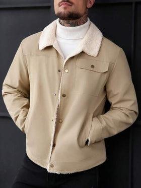 Manfinity CasualCool معطف رجالي كاجوال مبطن حراريًا بياقة فرو أحادي الصدر بأكمام طويلة، قميص شاكيت أزرار كريمي للخريف/الشتاء، قميص أزرار بيج للرجال، ملابس الشارع للرجال، قمصان الرجال "Old Money"، للاستخleisure اليومي، رحلات نهاية الأسبوع، الأنشطة الخارجية