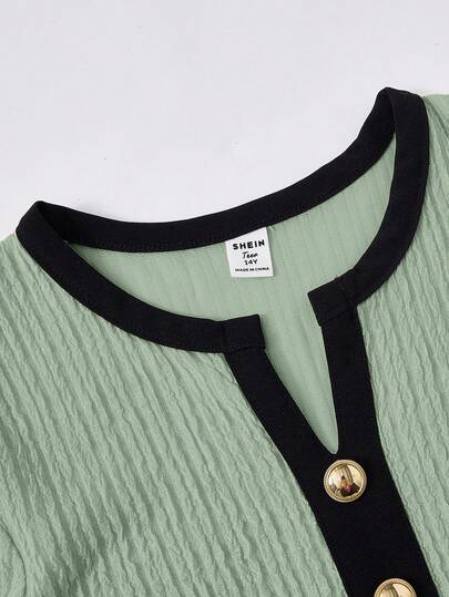 SHEIN فستان محبوك مناسب للمراهقات، ذو رقبة على شكل حرف V وأزرار معدنية للزينة، أكمام طويلة، مناسب للحفلات والأنشطة الخارجية في فصلي الخريف والشتاء
