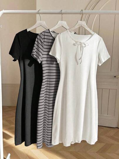 SHEIN 3 قطع/مجموعة طقم فستان مخطط، بسيط وأنيق، مناسب للصيف