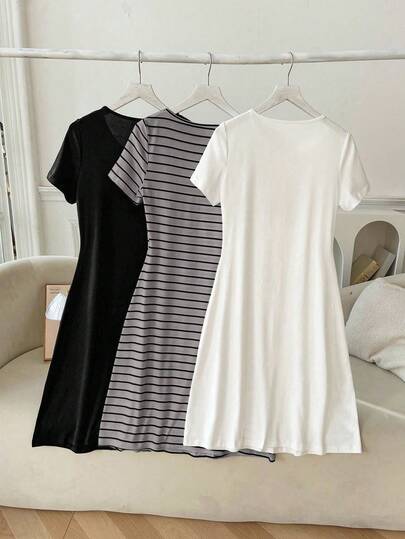 SHEIN 3 قطع/مجموعة طقم فستان مخطط، بسيط وأنيق، مناسب للصيف