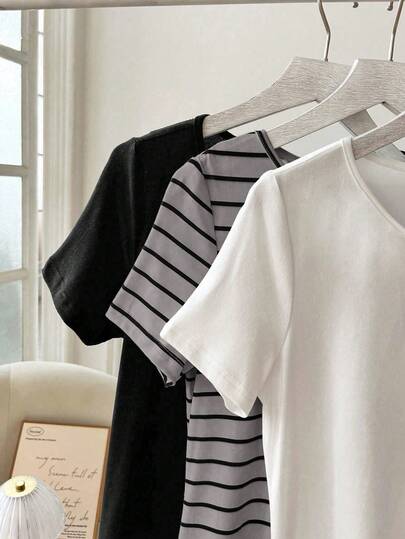 SHEIN 3 قطع/مجموعة طقم فستان مخطط، بسيط وأنيق، مناسب للصيف