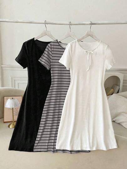 SHEIN 3 قطع/مجموعة طقم فستان مخطط، بسيط وأنيق، مناسب للصيف