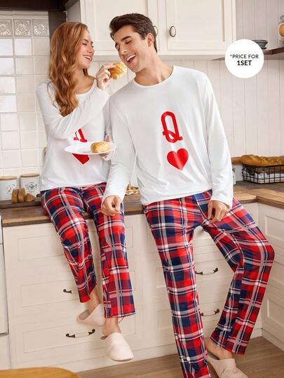 CoupledUp طقم ملابس منزلية للرجال بنمط قلب الحرف والمربعات لعيد الحب، ملابس شتوية