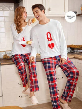 CoupledUp طقم ملابس منزلية للرجال بنمط قلب الحرف والمربعات لعيد الحب، ملابس شتوية