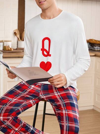 CoupledUp طقم ملابس منزلية للرجال بنمط قلب الحرف والمربعات لعيد الحب، ملابس شتوية