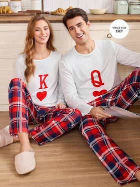 CoupledUp طقم ملابس منزلية للرجال بنمط قلب الحرف والمربعات لعيد الحب، ملابس شتوية