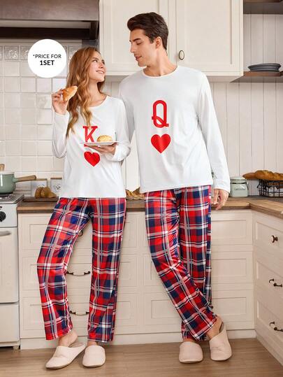 CoupledUp طقم ملابس منزلية للرجال بنمط قلب الحرف والمربعات لعيد الحب، ملابس شتوية