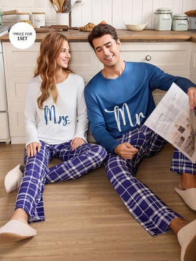 CoupledUp طقم ملابس منزلية للرجال بنمط نص مربعات لعيد الحب، ملابس شتوية