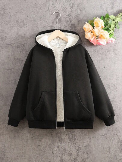 SHEIN معطف كاجوال فضفاض مريح مبطن حراري مع كابوشون للفتيات المراهقات، خريف/شتاء