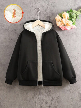 SHEIN معطف كاجوال فضفاض مريح مبطن حراري مع كابوشون للفتيات المراهقات، خريف/شتاء