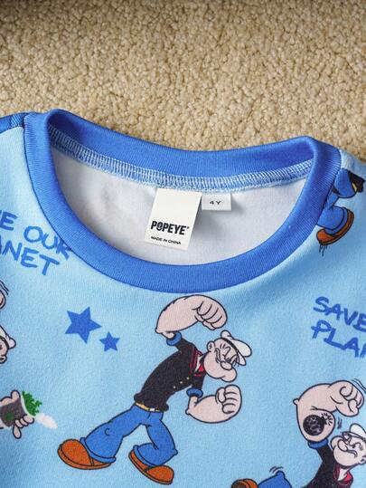 Popeye X SHEIN مجموعة بيجاما مكونة من 2 قطعة للأولاد الصغار، تتكون من ملابس علوية كاجوال بأكمام طويلة وطباعة كاملة على السطح وسروال ضيق محبوك