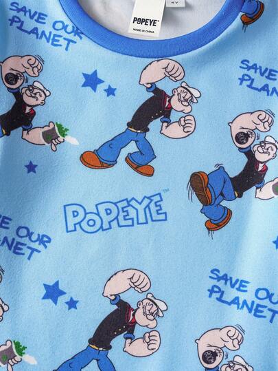 Popeye X SHEIN مجموعة بيجاما مكونة من 2 قطعة للأولاد الصغار، تتكون من ملابس علوية كاجوال بأكمام طويلة وطباعة كاملة على السطح وسروال ضيق محبوك