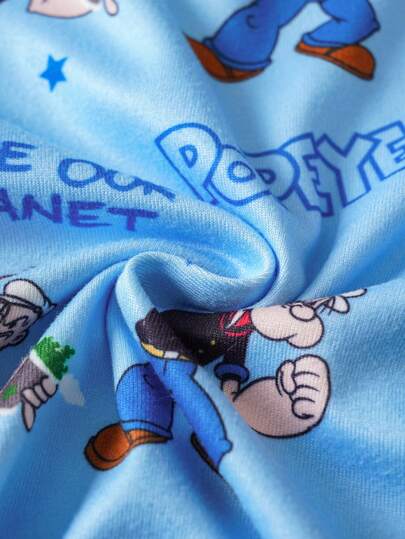 Popeye X SHEIN مجموعة بيجاما مكونة من 2 قطعة للأولاد الصغار، تتكون من ملابس علوية كاجوال بأكمام طويلة وطباعة كاملة على السطح وسروال ضيق محبوك