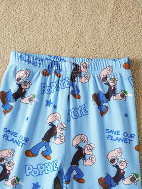 Popeye X SHEIN مجموعة بيجاما مكونة من 2 قطعة للأولاد الصغار، تتكون من ملابس علوية كاجوال بأكمام طويلة وطباعة كاملة على السطح وسروال ضيق محبوك