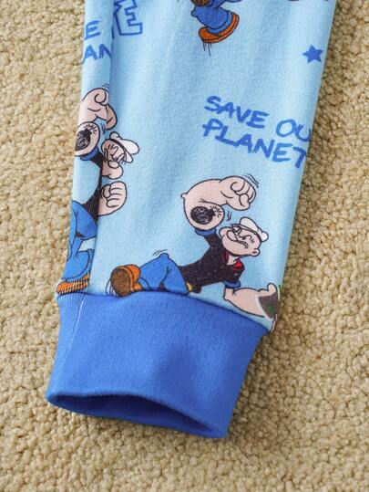 Popeye X SHEIN مجموعة بيجاما مكونة من 2 قطعة للأولاد الصغار، تتكون من ملابس علوية كاجوال بأكمام طويلة وطباعة كاملة على السطح وسروال ضيق محبوك