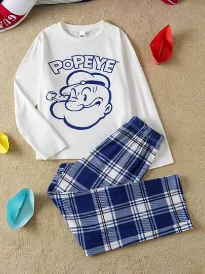 Popeye X SHEIN طقم بيجاما مكون من 2 قطعة: تي شيرت بياقة طاقم بأكمام طويلة وطباعة جرافيك للفتيان المراهقين، وبنطال مريح بنمط مربعات مقاوم للاشتعال