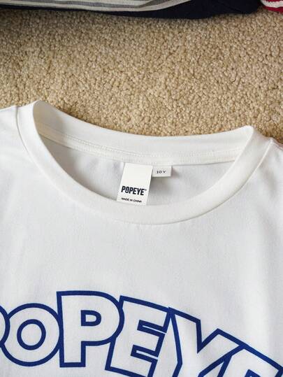 Popeye X SHEIN طقم بيجاما مكون من 2 قطعة: تي شيرت بياقة طاقم بأكمام طويلة وطباعة جرافيك للفتيان المراهقين، وبنطال مريح بنمط مربعات مقاوم للاشتعال