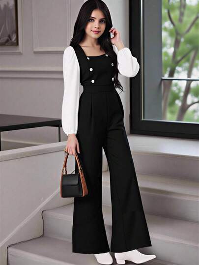 SHEIN Sparklyn جمبسوت قصيرة مطابقة مع أكمام فقاعية وبنطال ساق واسع متعدد الألوان مزين بأزرار