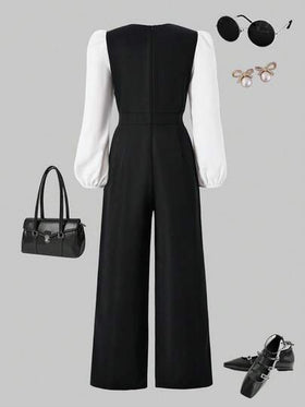 SHEIN Sparklyn جمبسوت قصيرة مطابقة مع أكمام فقاعية وبنطال ساق واسع متعدد الألوان مزين بأزرار