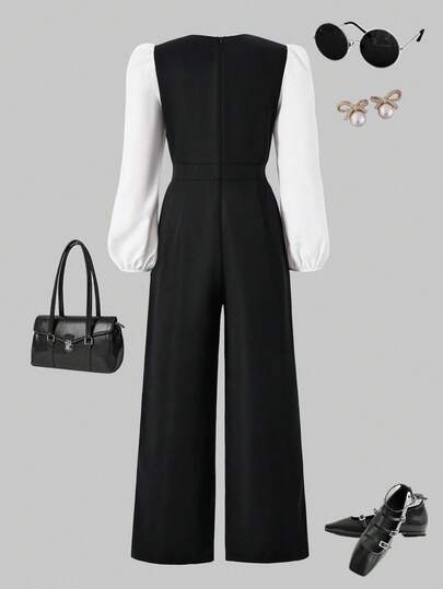 SHEIN Sparklyn جمبسوت قصيرة مطابقة مع أكمام فقاعية وبنطال ساق واسع متعدد الألوان مزين بأزرار
