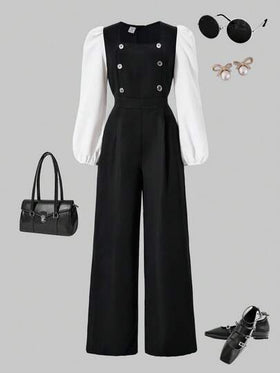 SHEIN Sparklyn جمبسوت قصيرة مطابقة مع أكمام فقاعية وبنطال ساق واسع متعدد الألوان مزين بأزرار