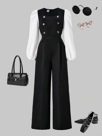 SHEIN Sparklyn جمبسوت قصيرة مطابقة مع أكمام فقاعية وبنطال ساق واسع متعدد الألوان مزين بأزرار