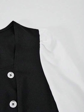SHEIN Sparklyn جمبسوت قصيرة مطابقة مع أكمام فقاعية وبنطال ساق واسع متعدد الألوان مزين بأزرار