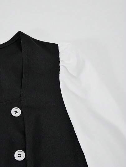 SHEIN Sparklyn جمبسوت قصيرة مطابقة مع أكمام فقاعية وبنطال ساق واسع متعدد الألوان مزين بأزرار
