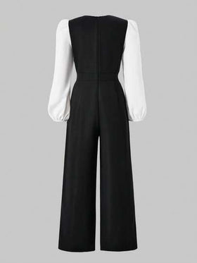 SHEIN Sparklyn جمبسوت قصيرة مطابقة مع أكمام فقاعية وبنطال ساق واسع متعدد الألوان مزين بأزرار