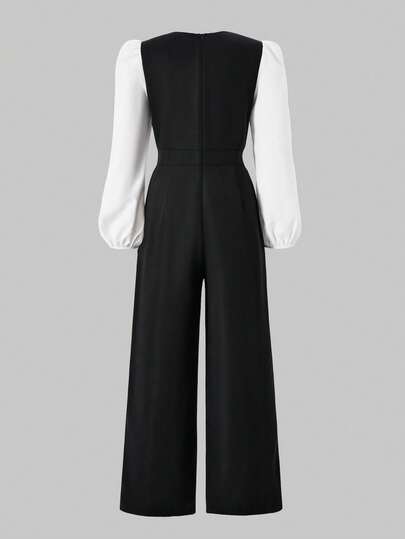 SHEIN Sparklyn جمبسوت قصيرة مطابقة مع أكمام فقاعية وبنطال ساق واسع متعدد الألوان مزين بأزرار