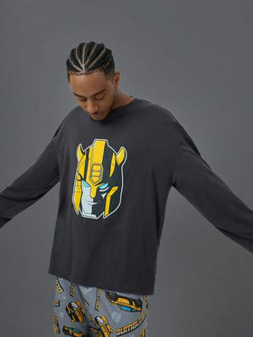 Transformers X SHEIN طقم ملابس منزلية للرجال طويلة الأكمام مطبوعة بطباعة الروبوت وبنطلون، ملابس شتوية