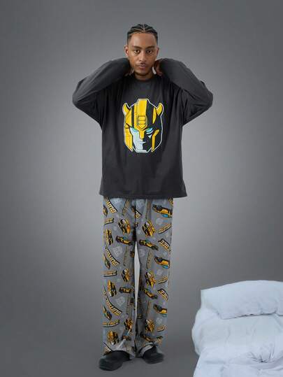 Transformers X SHEIN طقم ملابس منزلية للرجال طويلة الأكمام مطبوعة بطباعة الروبوت وبنطلون، ملابس شتوية