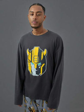 Transformers X SHEIN طقم ملابس منزلية للرجال طويلة الأكمام مطبوعة بطباعة الروبوت وبنطلون، ملابس شتوية