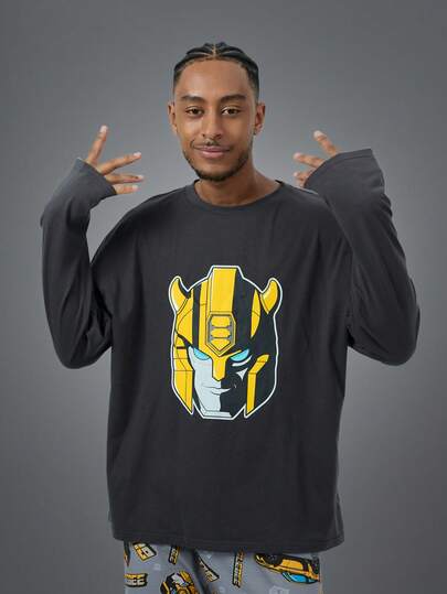 Transformers X SHEIN طقم ملابس منزلية للرجال طويلة الأكمام مطبوعة بطباعة الروبوت وبنطلون، ملابس شتوية