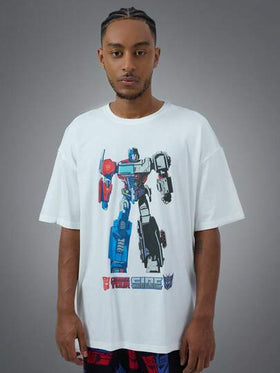 Transformers X SHEIN طقم ملابس رياضية للرجال مكون من ملابس علوية بياقة مستديرة وأكمام قصيرة مع طباعة روبوت وبنطلون