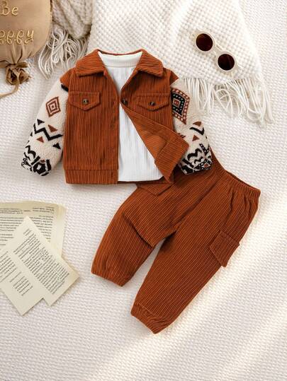 SHEIN Vintaside Kids بدلة كاجوال للأطفال الصبية 2 قطعة، بذلة من الكوردروي الخاكي مع قطع من الفليس للارتداء اليومي، خريف/شتاء