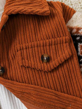 SHEIN Vintaside Kids بدلة كاجوال للأطفال الصبية 2 قطعة، بذلة من الكوردروي الخاكي مع قطع من الفليس للارتداء اليومي، خريف/شتاء