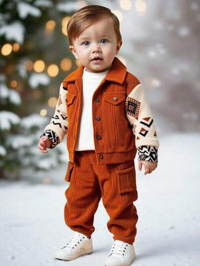 SHEIN Vintaside Kids بدلة كاجوال للأطفال الصبية 2 قطعة، بذلة من الكوردروي الخاكي مع قطع من الفليس للارتداء اليومي، خريف/شتاء
