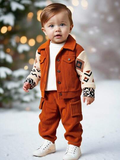 SHEIN Vintaside Kids بدلة كاجوال للأطفال الصبية 2 قطعة، بذلة من الكوردروي الخاكي مع قطع من الفليس للارتداء اليومي، خريف/شتاء