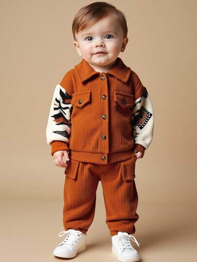 SHEIN Vintaside Kids بدلة كاجوال للأطفال الصبية 2 قطعة، بذلة من الكوردروي الخاكي مع قطع من الفليس للارتداء اليومي، خريف/شتاء