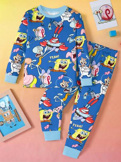 SpongeBob SquarePants | SHEIN مجموعة بيجاما مكونة من ملابس علوية بأكمام طويلة وبنطال بطبعة كرتونية للأولاد، قطعتان، قطن مضغوط مرن للاستخدام اليومي