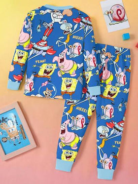 SpongeBob SquarePants | SHEIN مجموعة بيجاما مكونة من ملابس علوية بأكمام طويلة وبنطال بطبعة كرتونية للأولاد، قطعتان، قطن مضغوط مرن للاستخدام اليومي