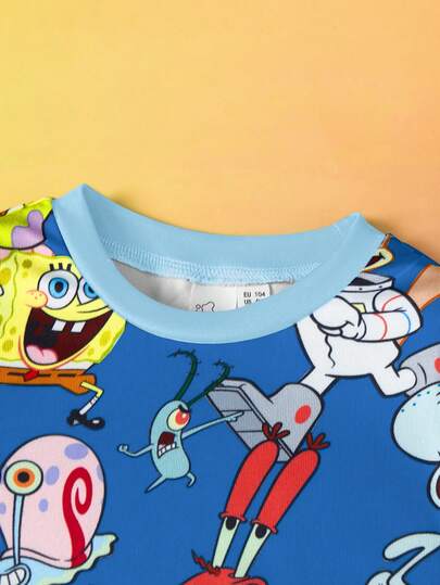 SpongeBob SquarePants | SHEIN مجموعة بيجاما مكونة من ملابس علوية بأكمام طويلة وبنطال بطبعة كرتونية للأولاد، قطعتان، قطن مضغوط مرن للاستخدام اليومي