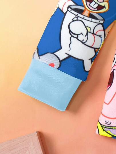 SpongeBob SquarePants | SHEIN مجموعة بيجاما مكونة من ملابس علوية بأكمام طويلة وبنطال بطبعة كرتونية للأولاد، قطعتان، قطن مضغوط مرن للاستخدام اليومي
