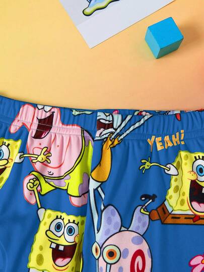 SpongeBob SquarePants | SHEIN مجموعة بيجاما مكونة من ملابس علوية بأكمام طويلة وبنطال بطبعة كرتونية للأولاد، قطعتان، قطن مضغوط مرن للاستخدام اليومي